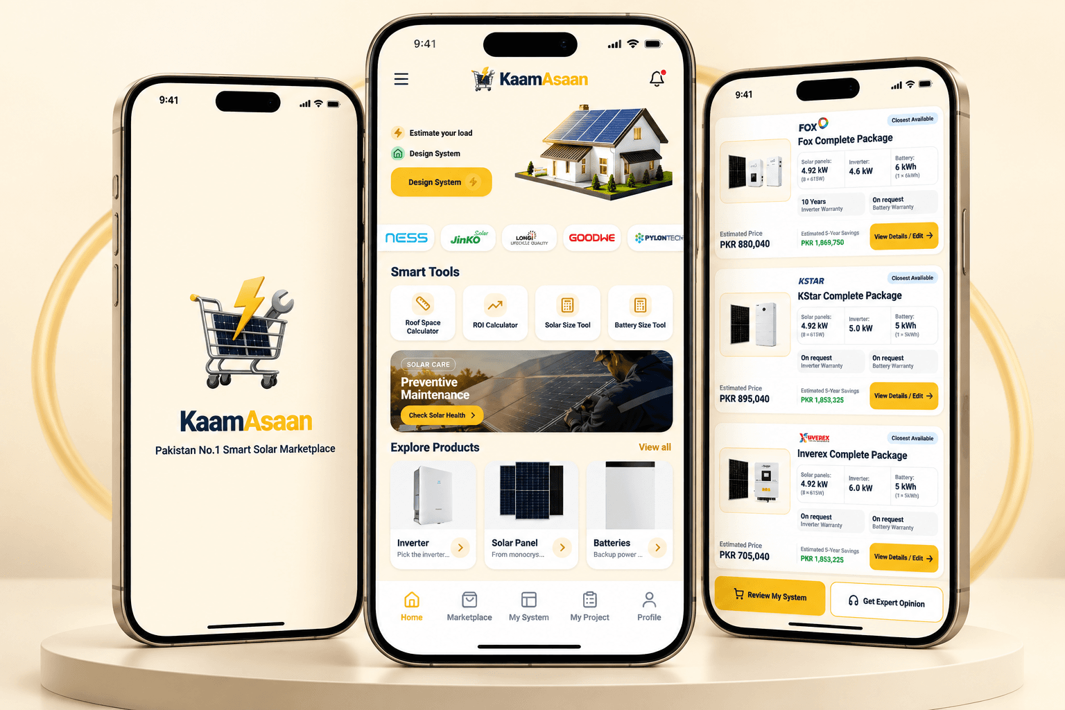 KaamAsaan app displayed on three phones
